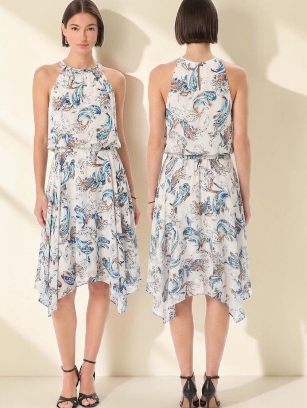 WHITE HOUSE BLACK MARKET Paisley Halter Dress with Asymmetrical Hem - Size 10